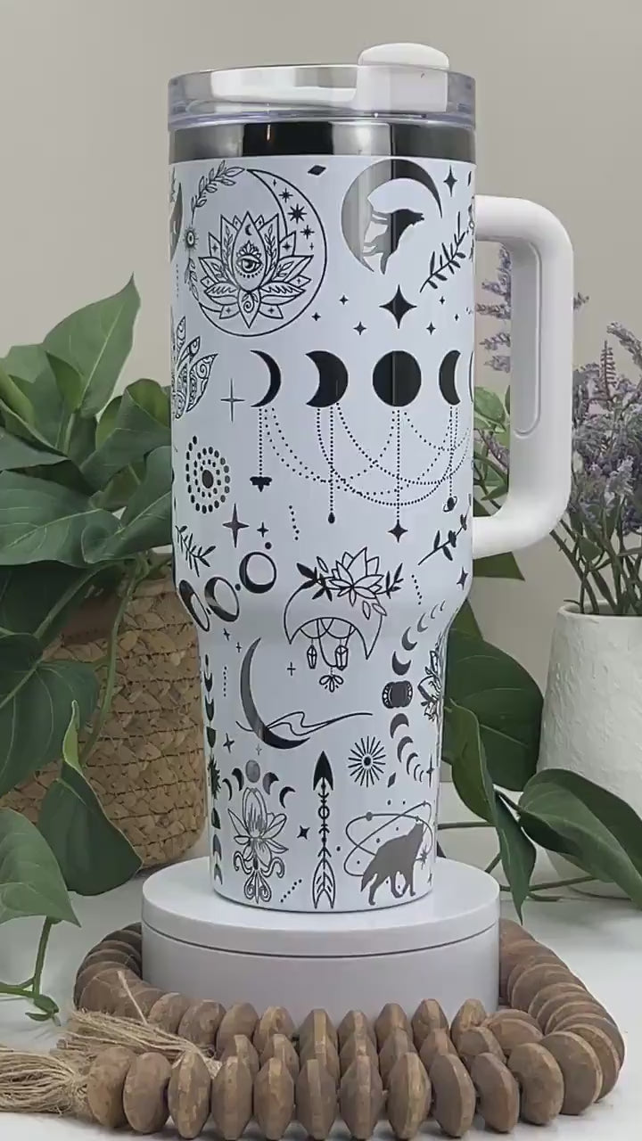 Boho Wolves Moons & Lotus Tumbler Wrap SVG | 40oz Laser Engraving File | Rotary Ready Digital Design | Zodiac Boho SVG