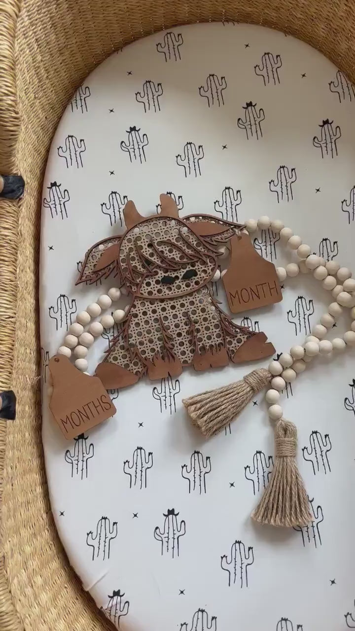 Rattan Highland Cow Milestone Laser Cut File, Baby Milestone, Boho Nursery Sign, SVG, Sign for Baby Photos, Baby Shower Gift, Cow Decor