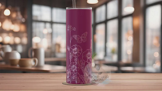 Butterflies and Blooms Tumbler Wrap SVG | 20oz Skinny Laser Engraving File | Rotary Engrave Digital Design | Floral SVG Design